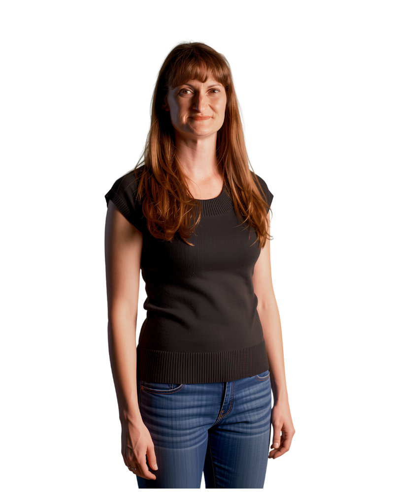 Lucinda Heyns wearing a black top and jeans, smiling.