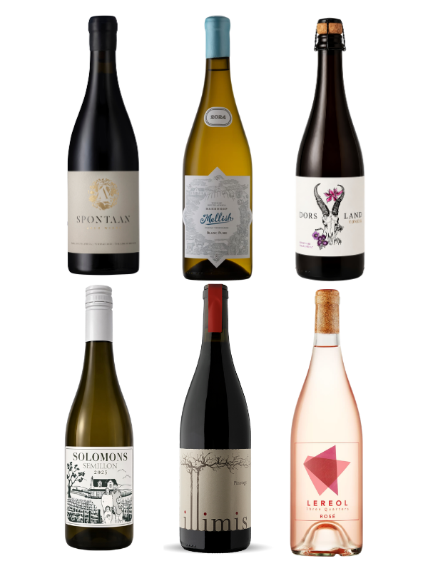 Six bottles of wine; Anco Spontaan, Bakenkop Blanc Fume, Dorsland, Illimis, Solomons and Lereol Rosé. For the mixed case of wines featured in season 2