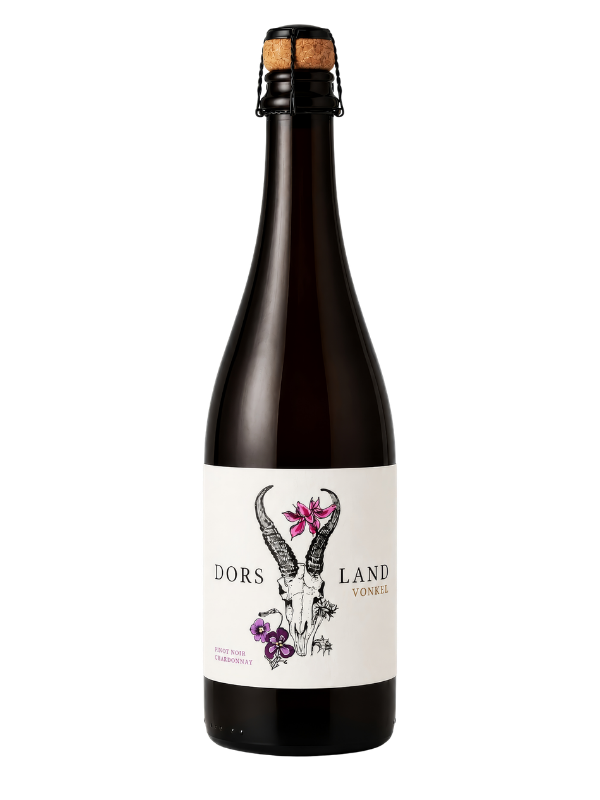 Dorsland Vonkel wine bottle with skull and flower label