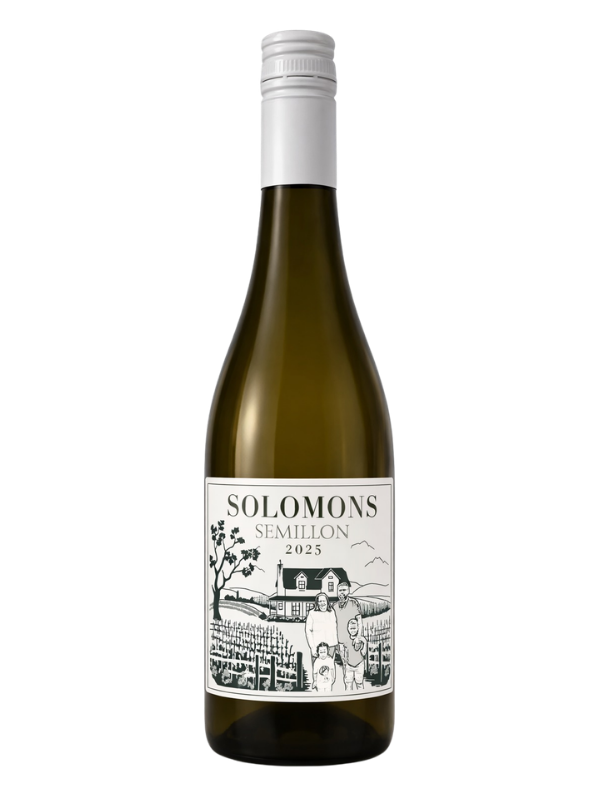Solomons Semillon 2025 wine bottle with vineyard illustration